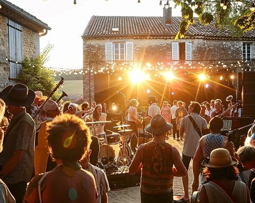 Een levendig openluchtconcert bij zonsondergang. Een band speelt op het podium voor een juichend publiek. Goudkleurig zonlicht schijnt door de bomen en zorgt voor een warme, vrolijke sfeer.