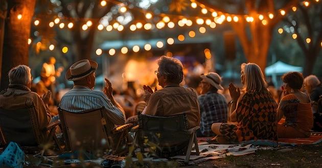 Een groep mensen zit buiten bij een avondconcert, omringd door twinkelende lichtslingers. Ze klappen in hun handen, waardoor er een vrolijke, feestelijke sfeer ontstaat.