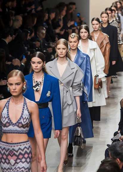Modellen lopen over de catwalk in diverse stijlvolle outfits, waaronder jassen en jurken, in neutrale en blauwe tinten. Het publiek kijkt aandachtig toe. Een modieuze, elegante sfeer.