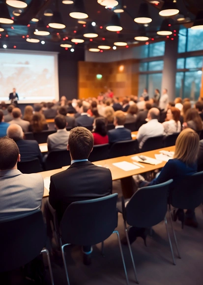 Een vergaderzaal zit vol met aandachtige deelnemers die in rijen zitten, met hun gezicht naar een spreker en een groot presentatiescherm. De sfeer is professioneel.