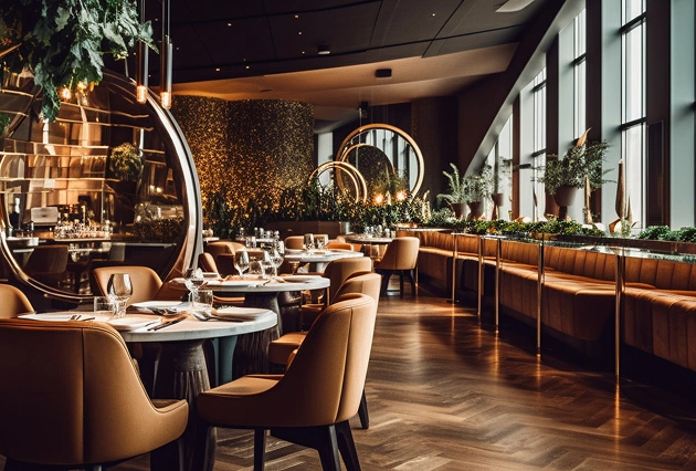 Een elegant restaurantinterieur met ronde tafels en bruinleren stoelen, grote ronde spiegels, sfeervolle verlichting en planten langs een raamwand.